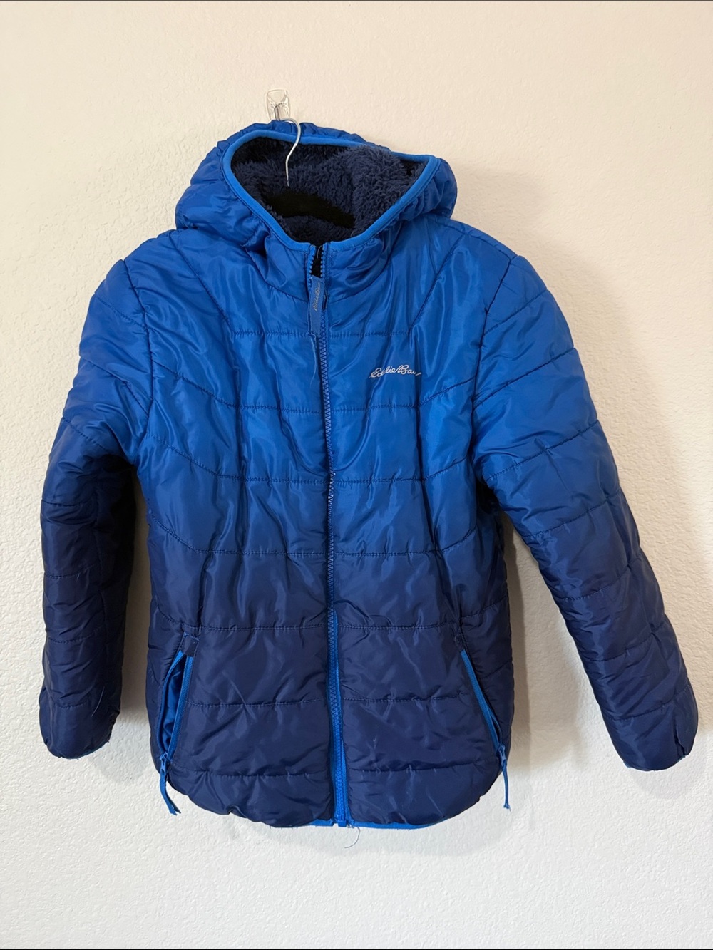 Eddie Bauer Blue Ombre Hooded Reversible Puffer Jacket